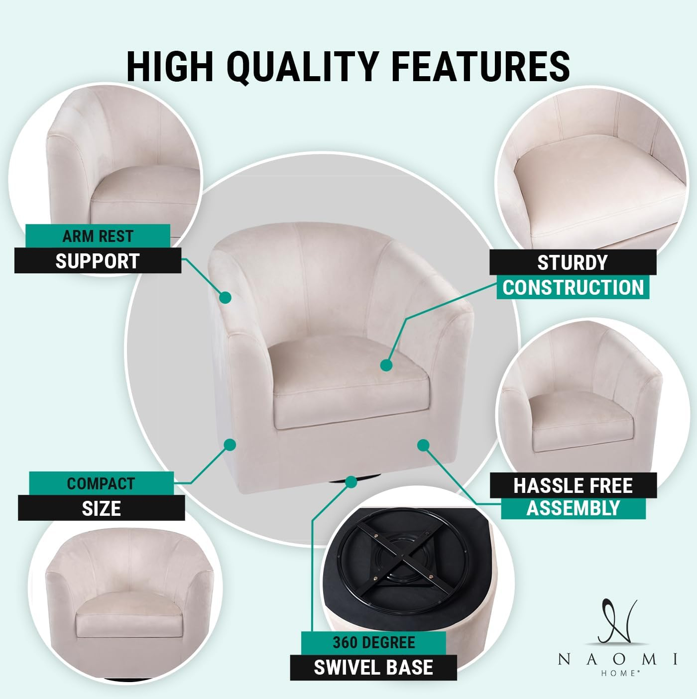 Ariana 360 Degree Swivel Barrel Chairs, Swivel Accent Chairs for Living Room with Armrest, Bucket Chairs for Home, Modern Accent Chairs, Small Club Chairs for Small Spaces - Ivory, Linen