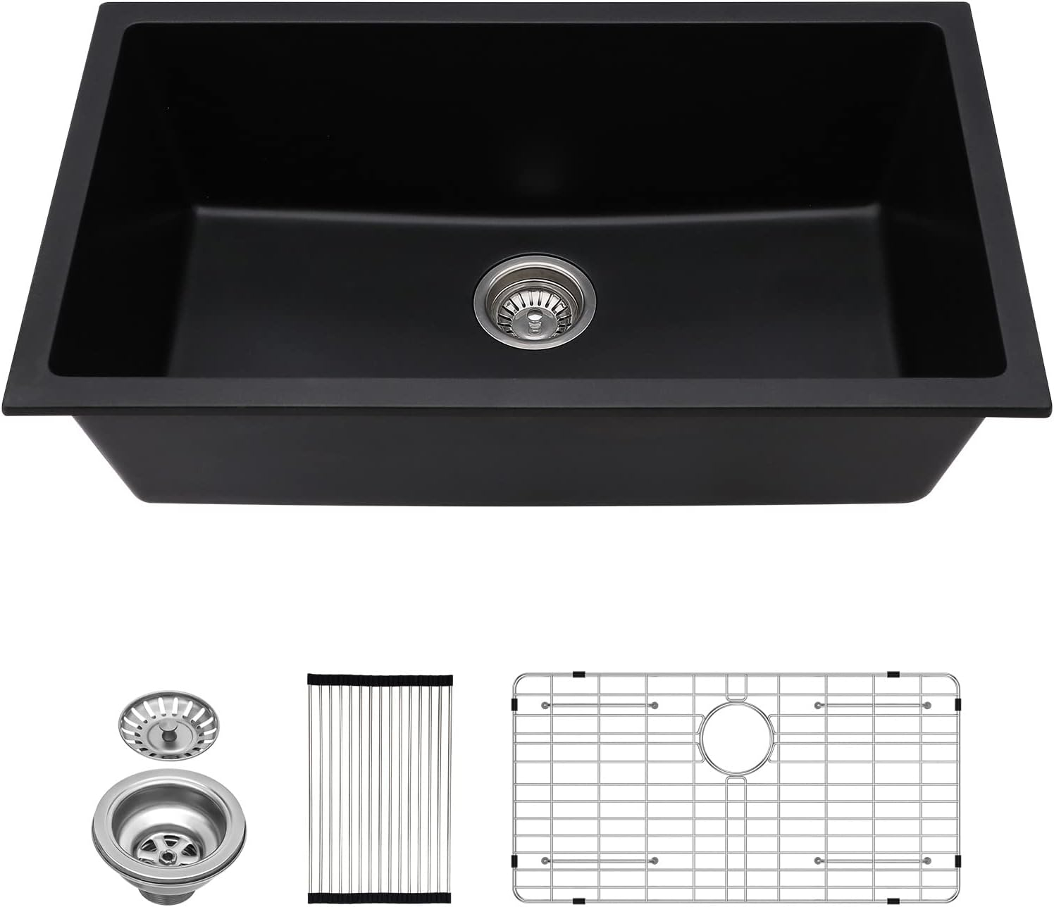 Davivy 33 Inch Black Granite Composite Kitchen Sink Workstation, 33 X 22 Quartz Composite Dual Mount Sink, Matte Black Composite Single Bowl Sink