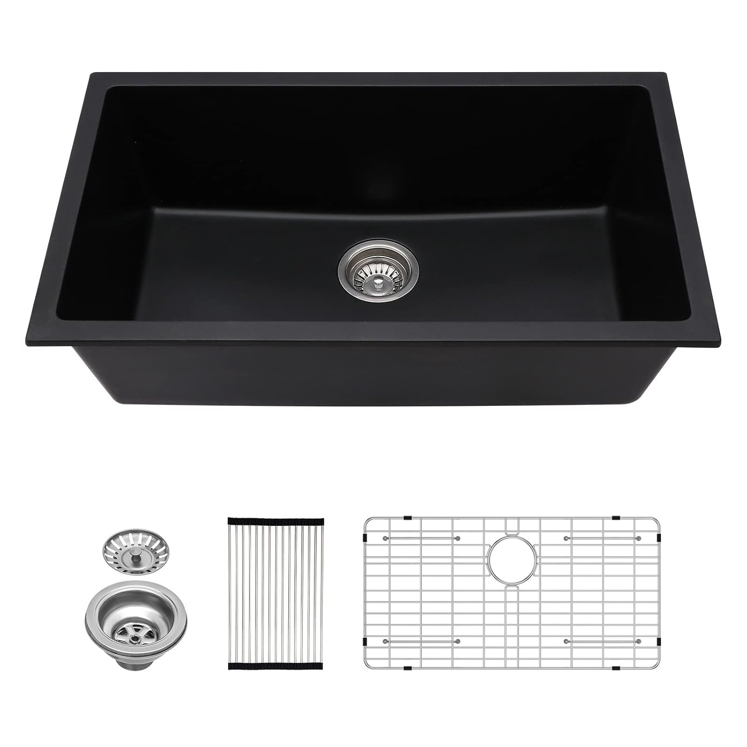 Davivy 33 Inch Black Granite Composite Kitchen Sink Workstation, 33 X 22 Quartz Composite Dual Mount Sink, Matte Black Composite Single Bowl Sink