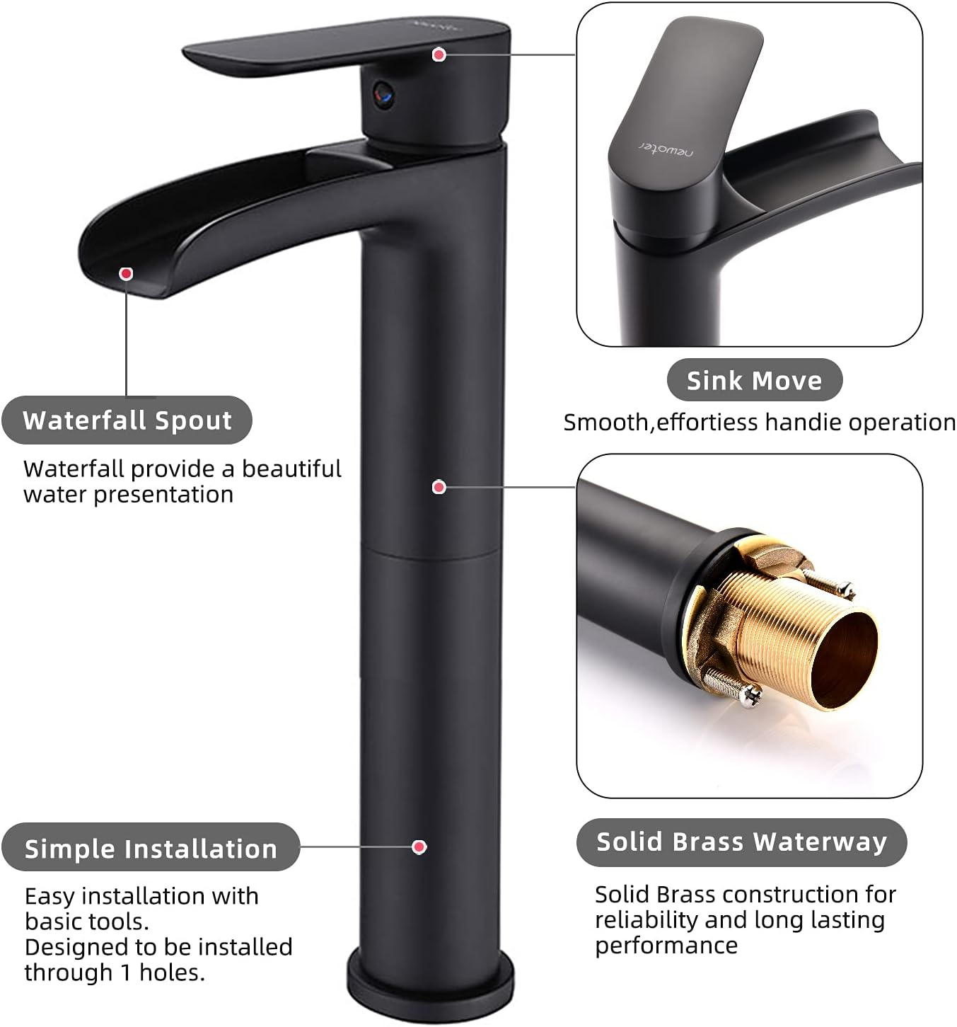 NEWATER Matte Black Tall Bathroom Vessel Sink Faucet, Single Hole Single Handle Waterfall Modern Bathroom Faucet, Vanity Faucet with Water Supply Line