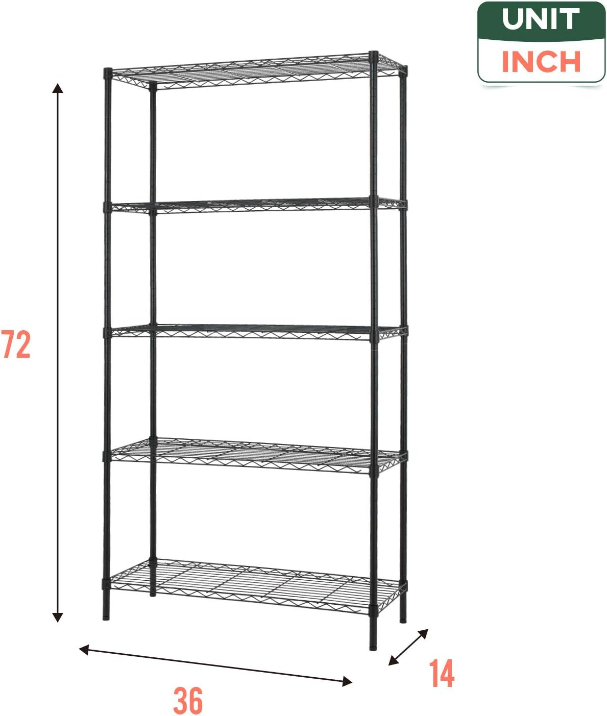 FDW 14" D×36" W×72" H Wire Shelving Unit Commercial Metal Shelf with 5 Tier Adjustable Layer Rack Strong Steel for Restaurant Garage Pantry Kitchen Garage，Black