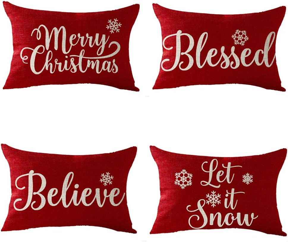 Set of 4 Merry Christmas Believe Reindeer Tree Best Gift Square Pillowcase Decorative Throw Pillow Cover Cushion Case Cotton Linen Material 18" x18'' (Beige&Red)