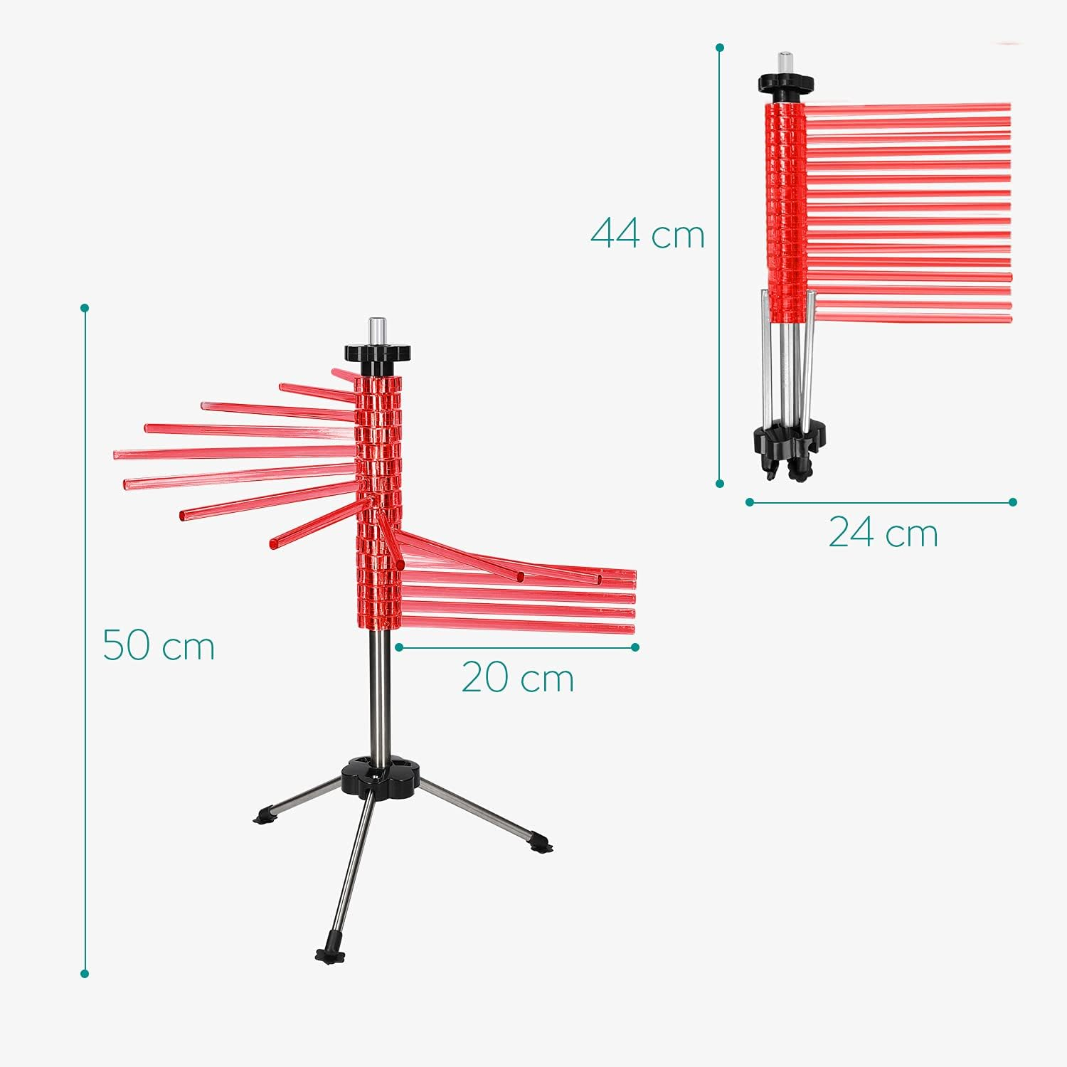 Navaris Collapsible Pasta Drying Rack - Tall Compact Spaghetti Noodle Stand with 16 Plastic Rods - Fresh Pasta Making Accessories - up to 2 kg (4.5 lbs) - Red