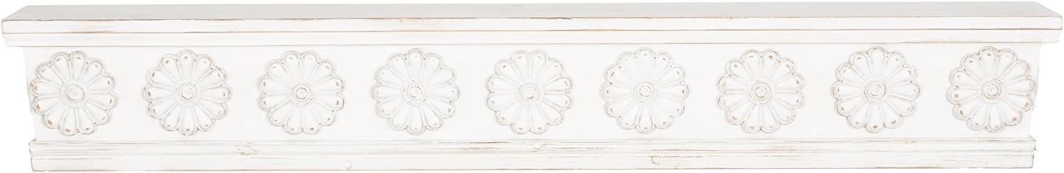 DecMode 36" x 5" Intricate Carved 1-Tier White Floral Wall Shelf
