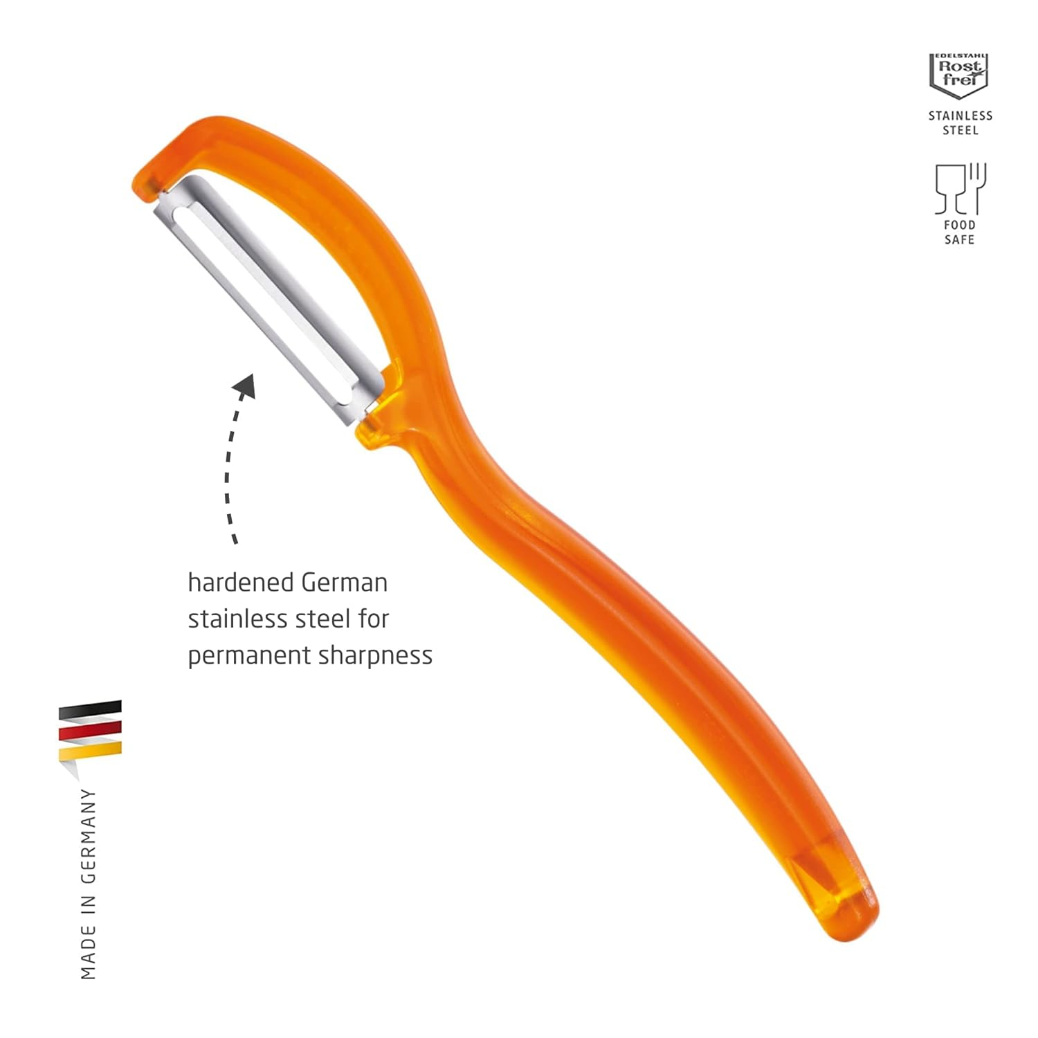 triangle Swivel Peeler, Orange - Stainless Steel Straight Twin Blade - Peels Hard-Skinned Fruits & Vegetables - Lightweight Handle - Dishwasher Safe - Made in Germany