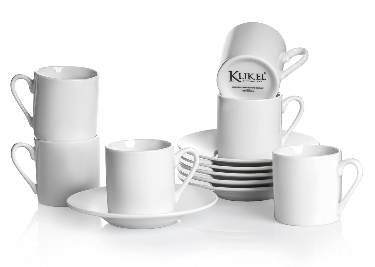 Klikel Tea Cups And Saucers Set - 6 Piece White Coffee Mug Set - 6 Inch Plates And 8.5oz Mugs - Cappuccino Cup And Saucer Set For Latte Cafe Mocha Espresso Bar