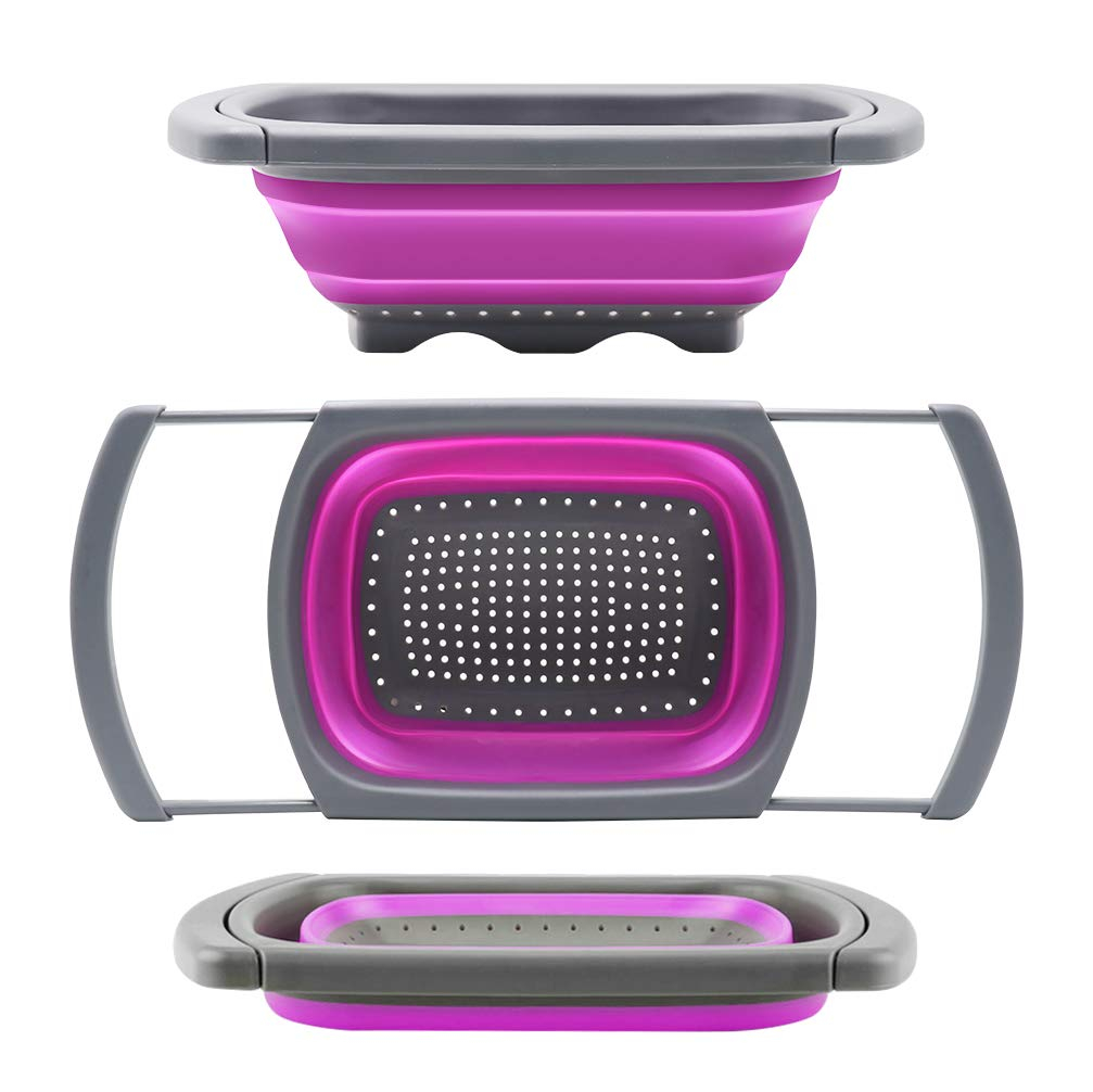 Qimh Collapsible Colander, Kitchen Colander Set Over Sink Strainer Veggies/Fruit Colanders Strainers with Extendable Handles, Dishwasher Safe Folding Strainer for Kitchen, 6-Quart, BPA Free