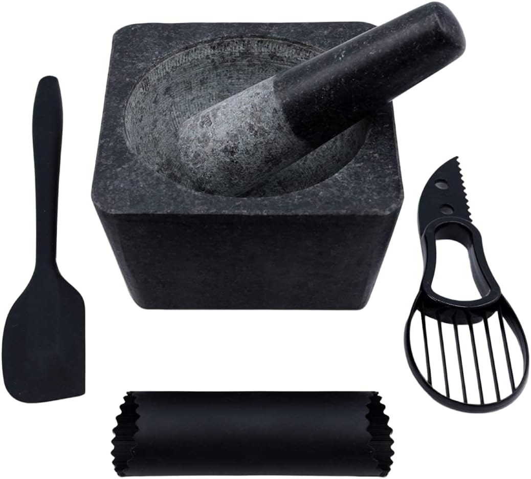 Large Mortar and Pestle Set with Garlic Peeler, Avocado Slicer and Spatula – Authentic Granite Stone Mexican Molcajetes Mortar and Pestle – Ideal for Grinding Spices and Herbs - Grinder - Crusher