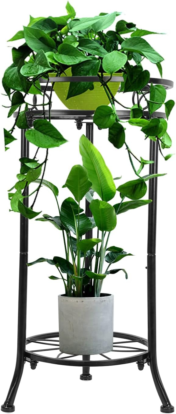 Plant Stands Indoor Outdoor, Metal Multiple Potted Plant Rack Holder, 2 Tier Tall Patio Flower Pot Stand for Corner, Anti-Rust 20.3" (Black)