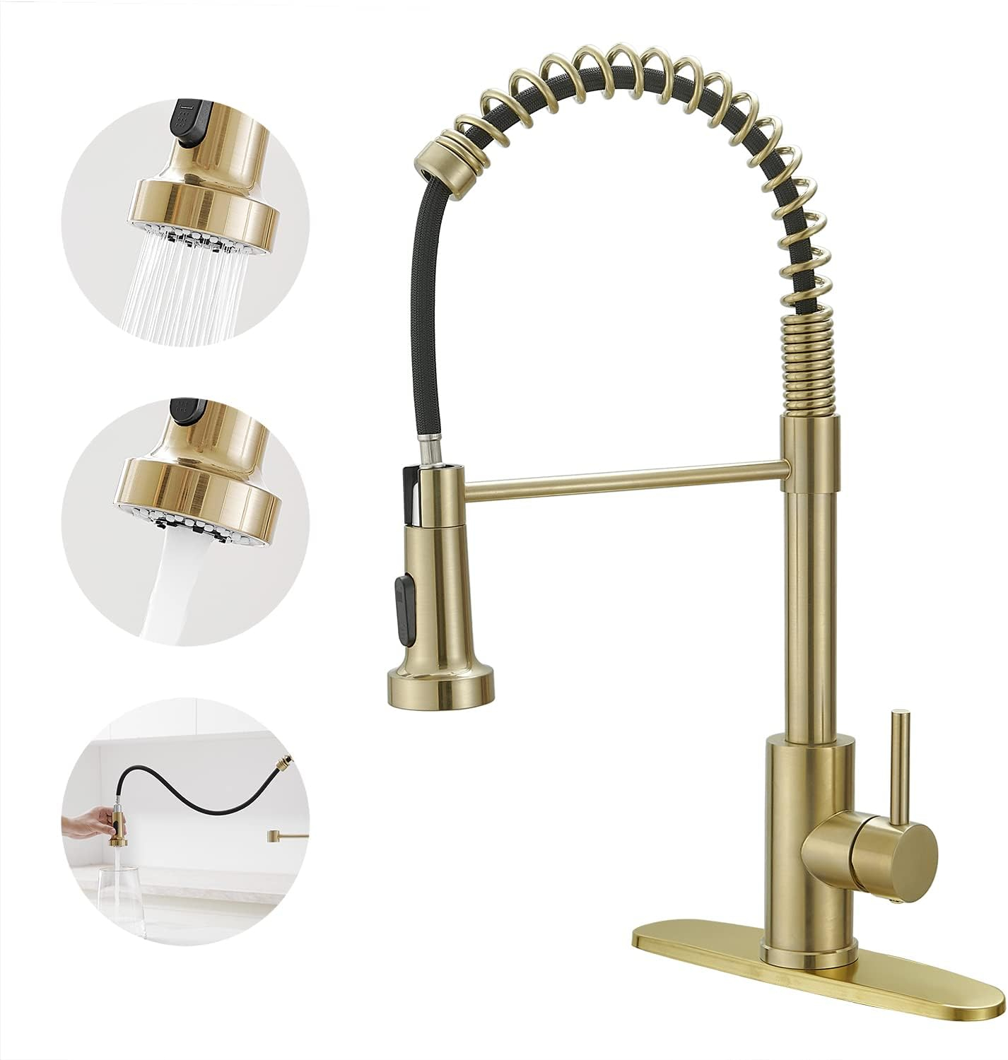 Kitchen Faucets With Pull Out Sprayer Commercial Spring Sink Faucet Stainless Steel Brushed Gold Pull Down Single Handle Farmhouse Faucets With Deck Plate For Camper Laundry Utility Rv Wet Bar