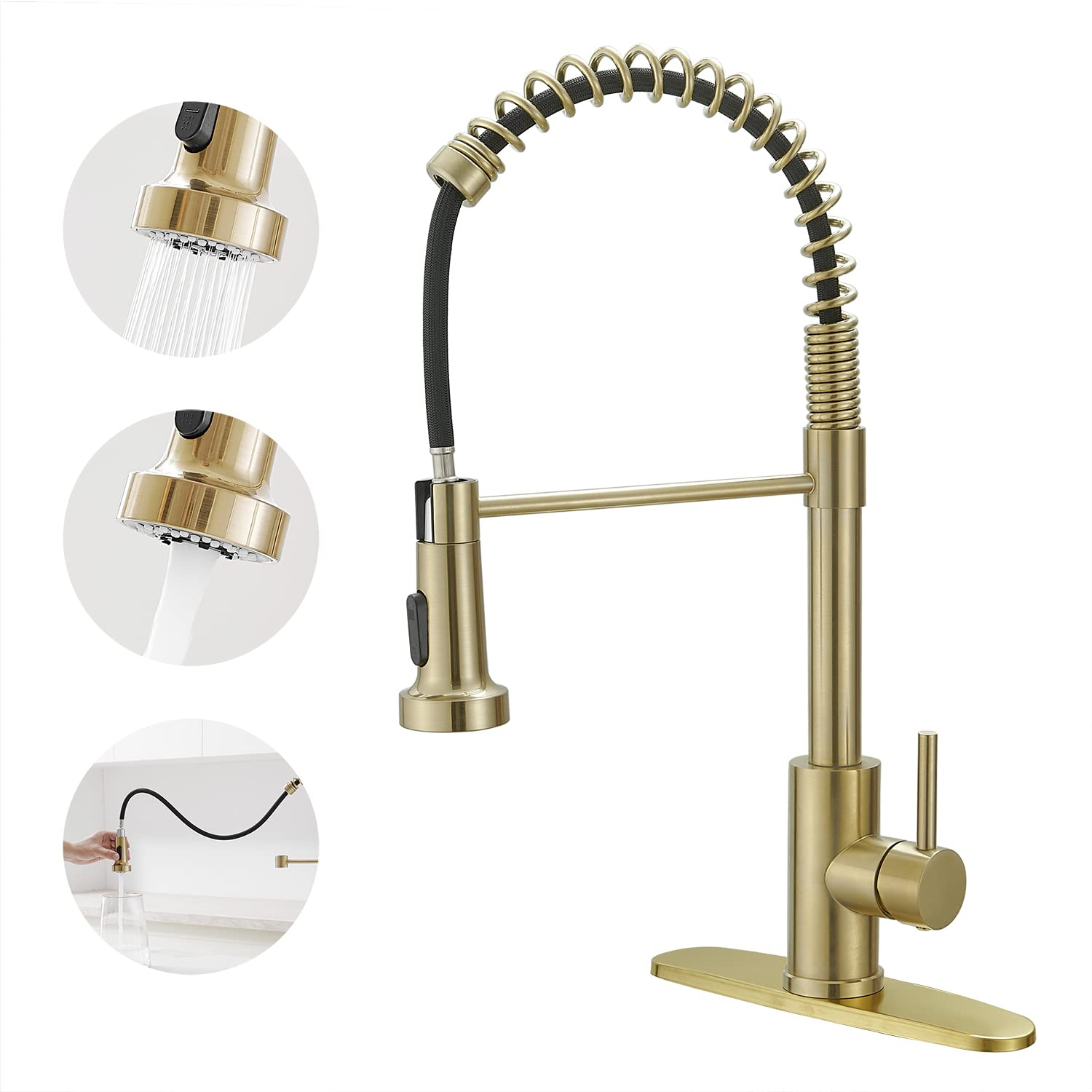 Kitchen Faucets With Pull Out Sprayer Commercial Spring Sink Faucet Stainless Steel Brushed Gold Pull Down Single Handle Farmhouse Faucets With Deck Plate For Camper Laundry Utility Rv Wet Bar