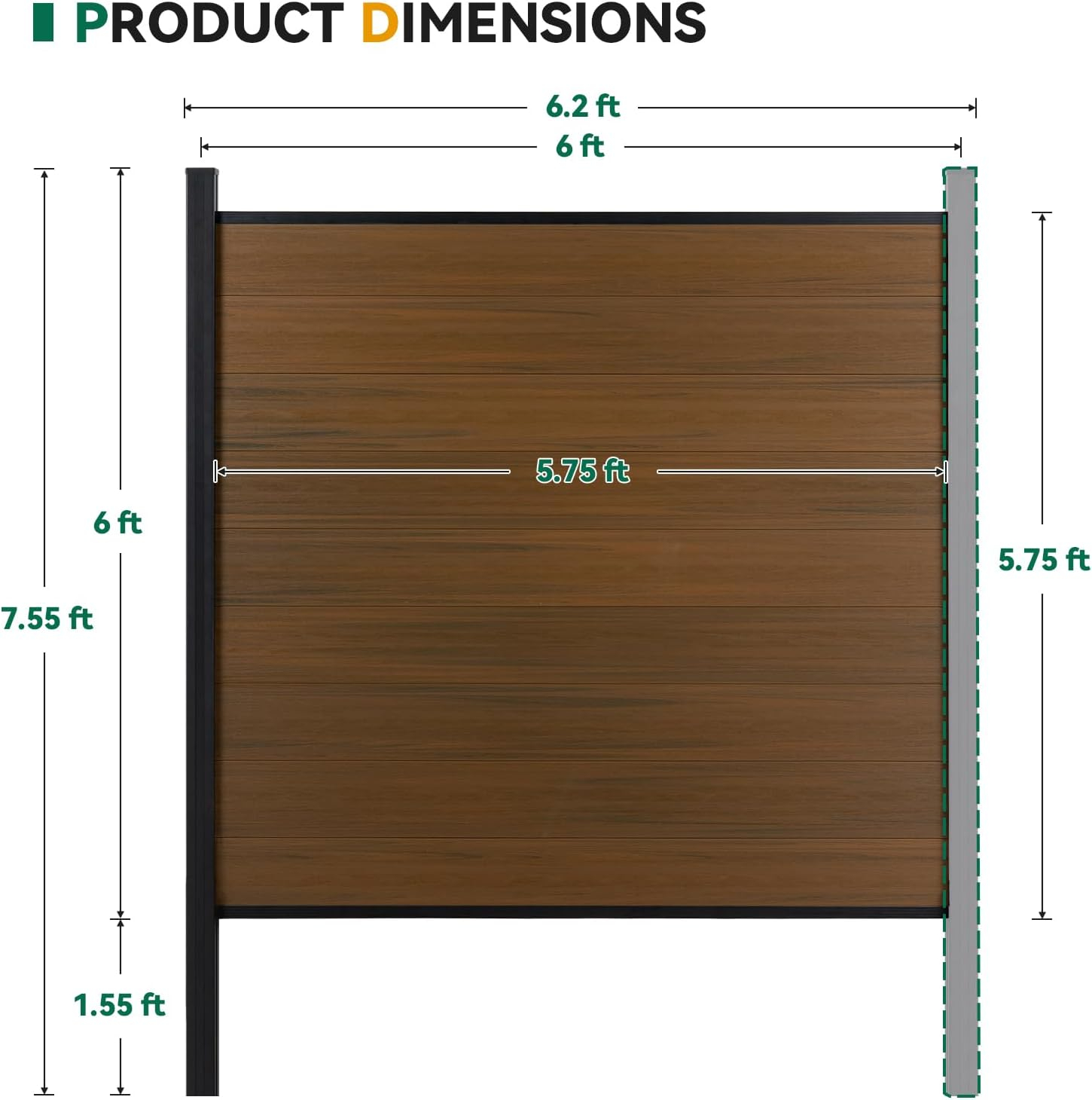 Privacy Fence for Outside, 6ftx6ft Outdoor Privacy Panels with In-ground Post, Wind Resistant Wood Plastic Composite Fencing for Patio, Backyard, Garden and Swimming Pool (Brown with 1 Post)