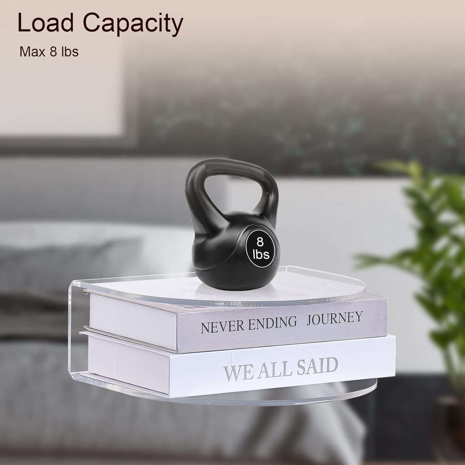 HMYHUM Acrylic Floating Nightstand Set of 2, Wall Mounted Bedside Table for Bedroom, Hanging, 8 lbs Load, 10.5" L x 10 "W x 4" H, Clear