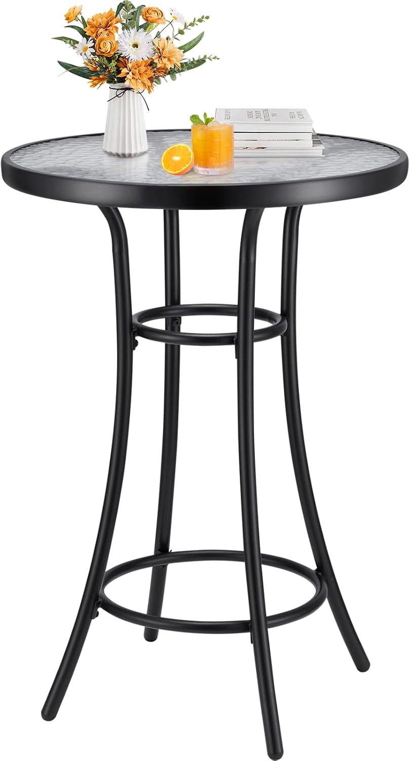 Bar Height Patio Glass Table, 2-Tier High Top Outdoor Metal All-Weather Round Bistro Table With Tempered Glass Top for Balcony Backyard Pool, Black