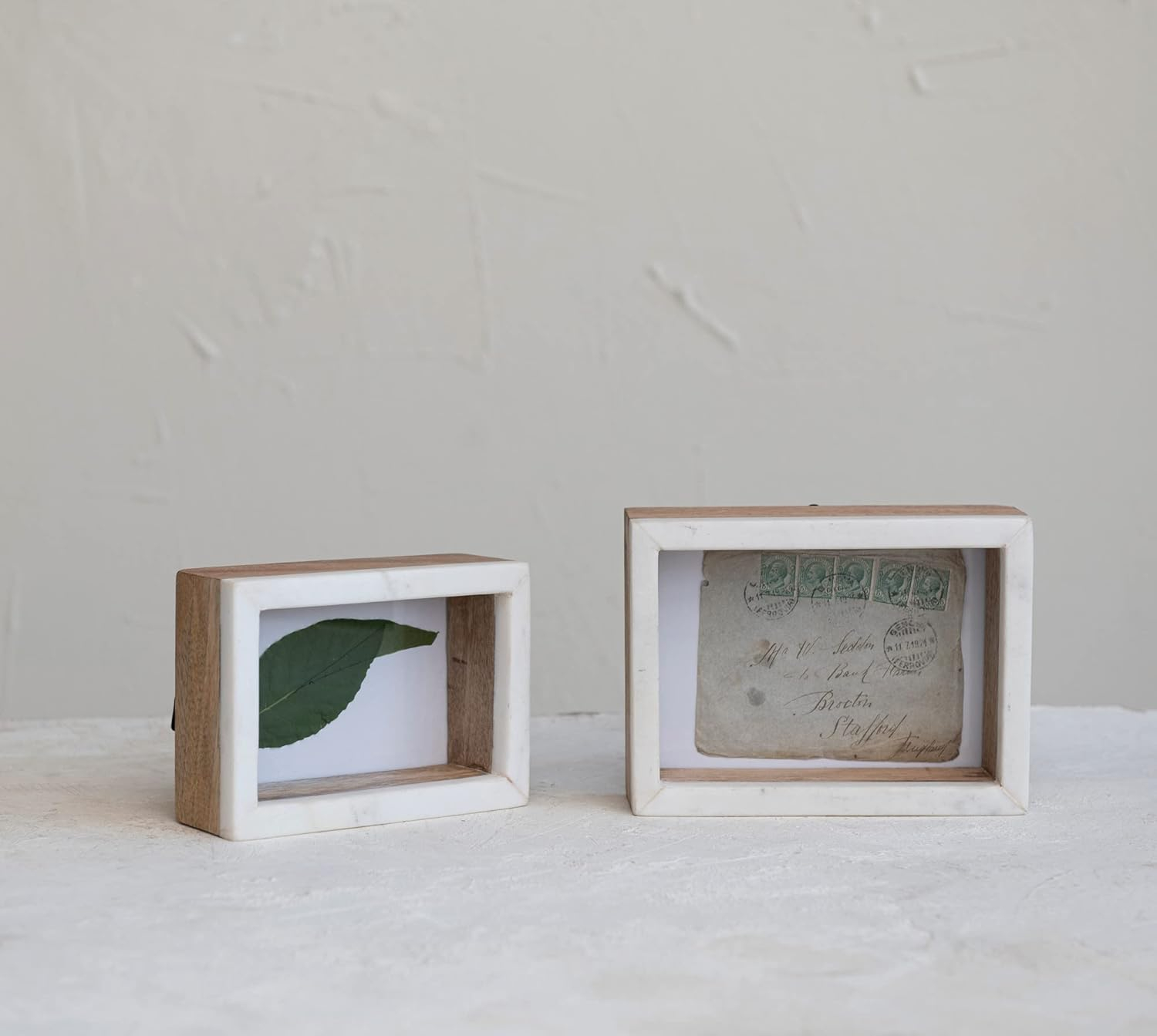 White and Natural Marble and Wood Shadow Box Photo Frame