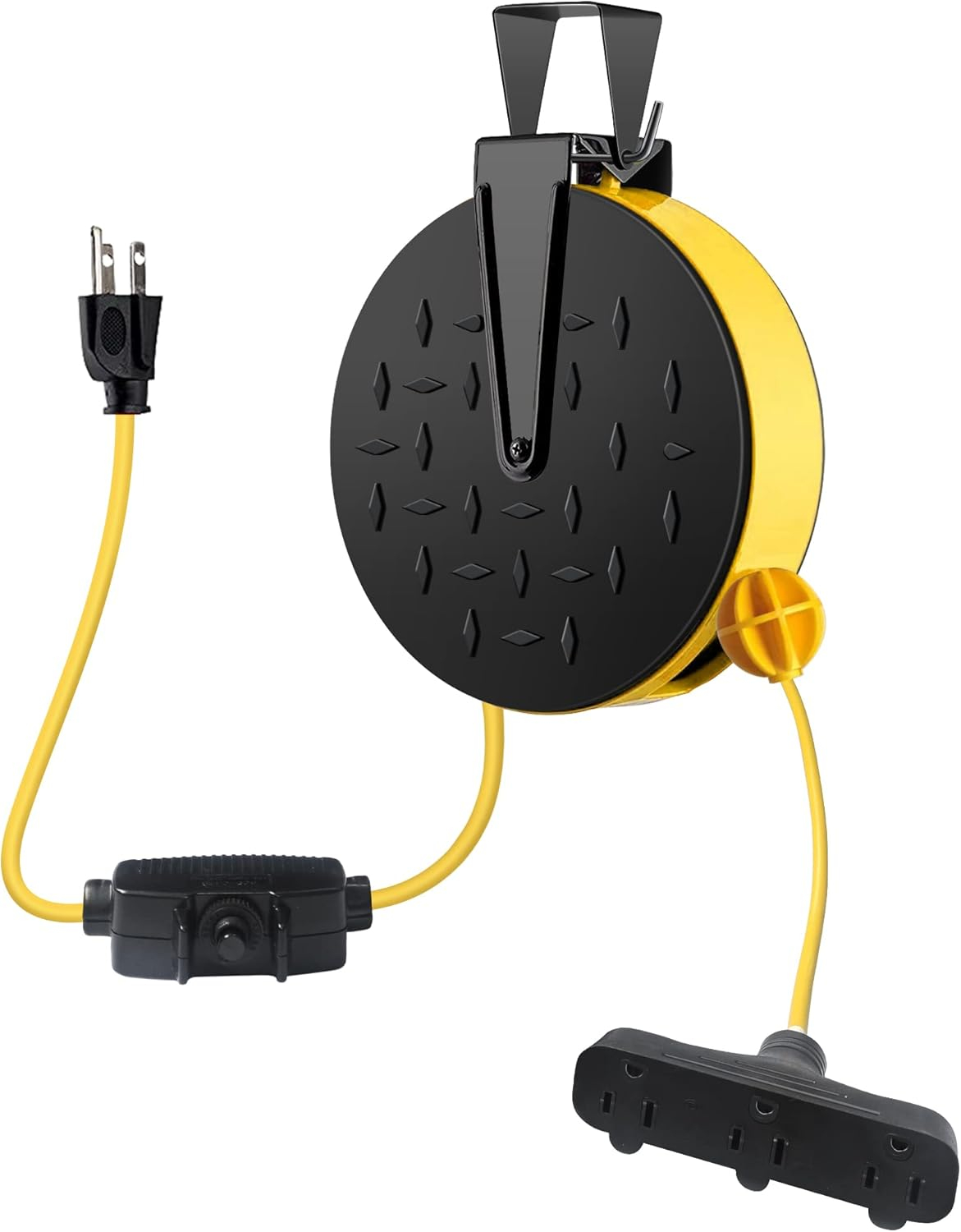 EP 30 Ft Retractable Extension Cord Reel, 16/3 SJTW Power Cord with 3 Electrical Outlets, Ceiling or Wall Mount, 10 Amp Circuit Breaker, Metal Plate, UL Listed, Red