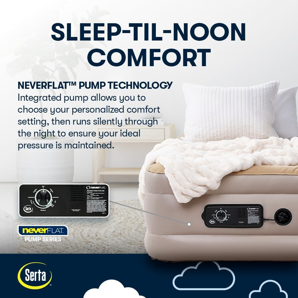 Serta Raised Air Mattress with Never Flat Pump | Luxury Inflatable Mattress with Built in Air Pump to Ensure a Good Night’s Rest | Heavy Duty Blow Up Mattress with Self Inflating Pump