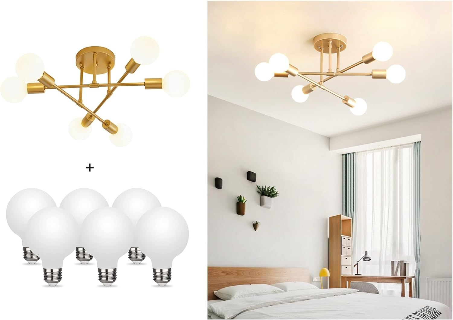 Gold Modern Sputnik 6-Light Chandelier with LED Bulbs