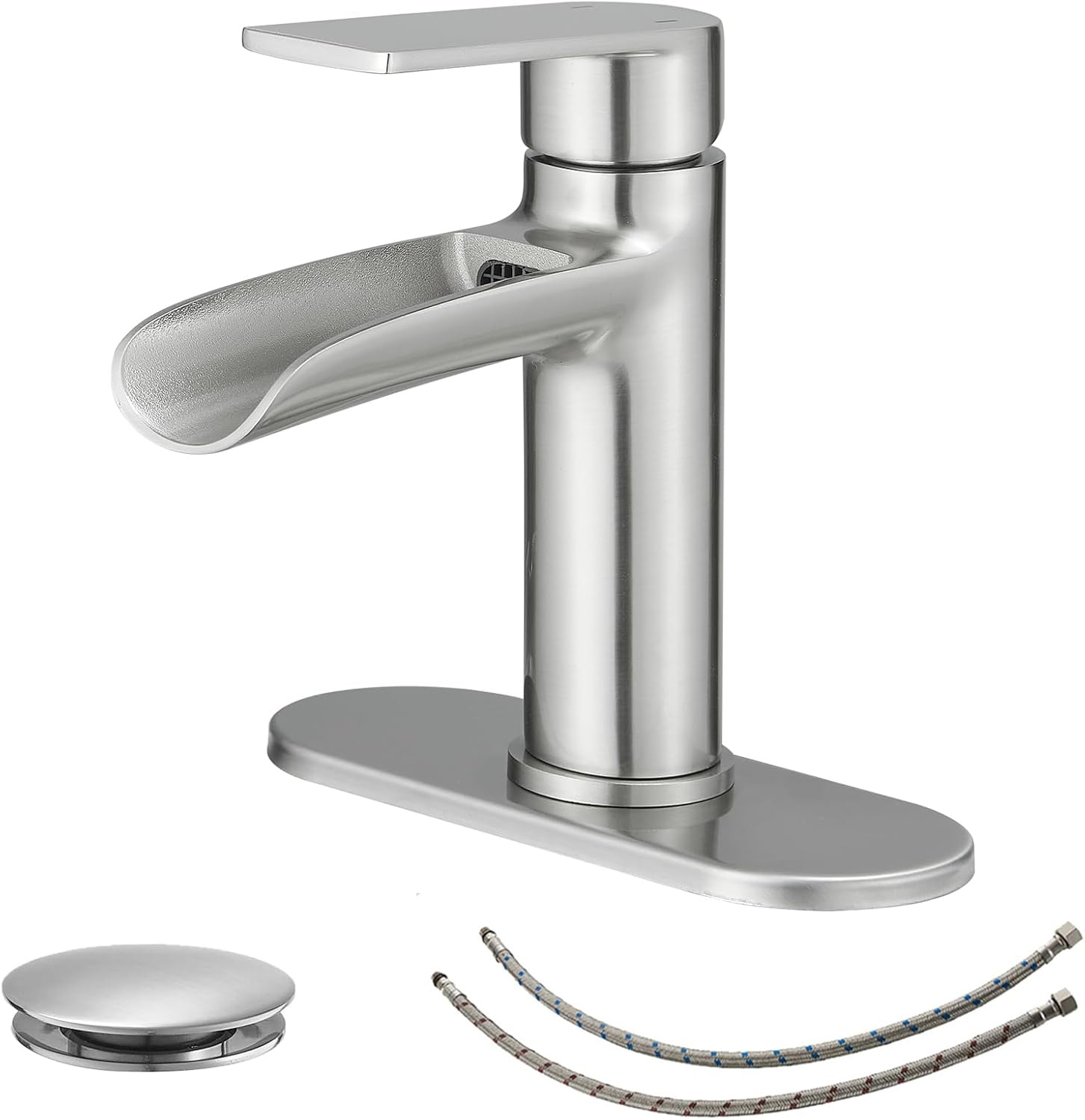 BWE Bathroom Faucets Waterfall Bathroom Faucet with Pop Up Drain for Bathroom Sink Single Hole Farmhouse RV Bathroom Basin Faucet Brushed Nickel