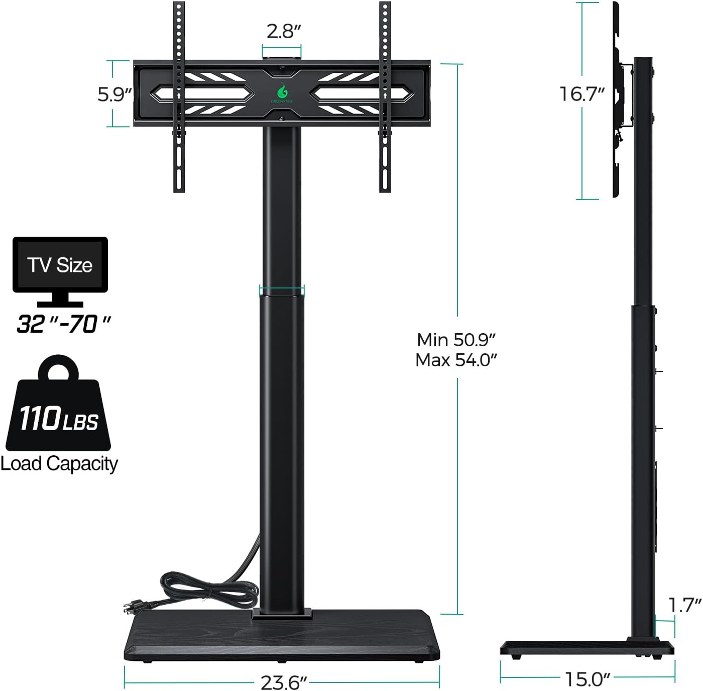 Greenstell TV Stand with Power Outlet, Universal Floor TV Stand for 32-75 inch TVs, Height Adjustable, Swivel Tall TV Mount Stand with Wood Base, Holds up to 110 LBs, Max VESA 600x400mm