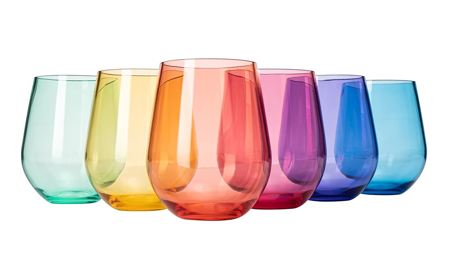 European Style Plastic Crystal Unbreakable Stemless Wine Glasses | Set of 6 | Acrylic Glasses Tritan Drinkware Bright Color Shatterproof BPA-free, Reusable, Outdoor, Pool, Indoor, Hand Wash 15oz Gift