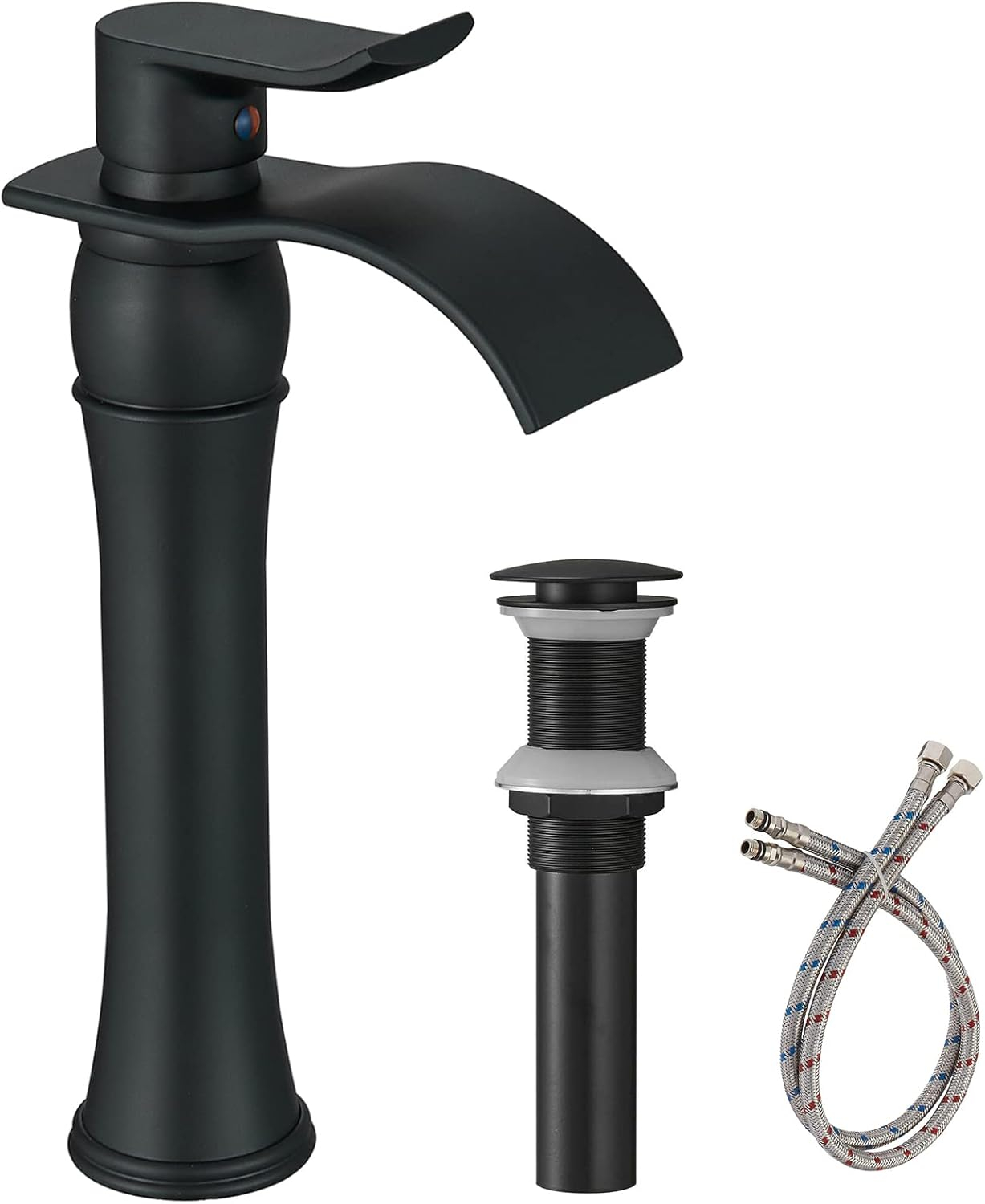 Homevacious Bathroom Vessel Sink Faucet Waterfall,Matte Black Bathroom Faucet Single Handle,Single Hole Bowl Vanity Sink Faucet,with Pop Up Drain and Supply Lines,Commercial Lavatory Mixer Tap