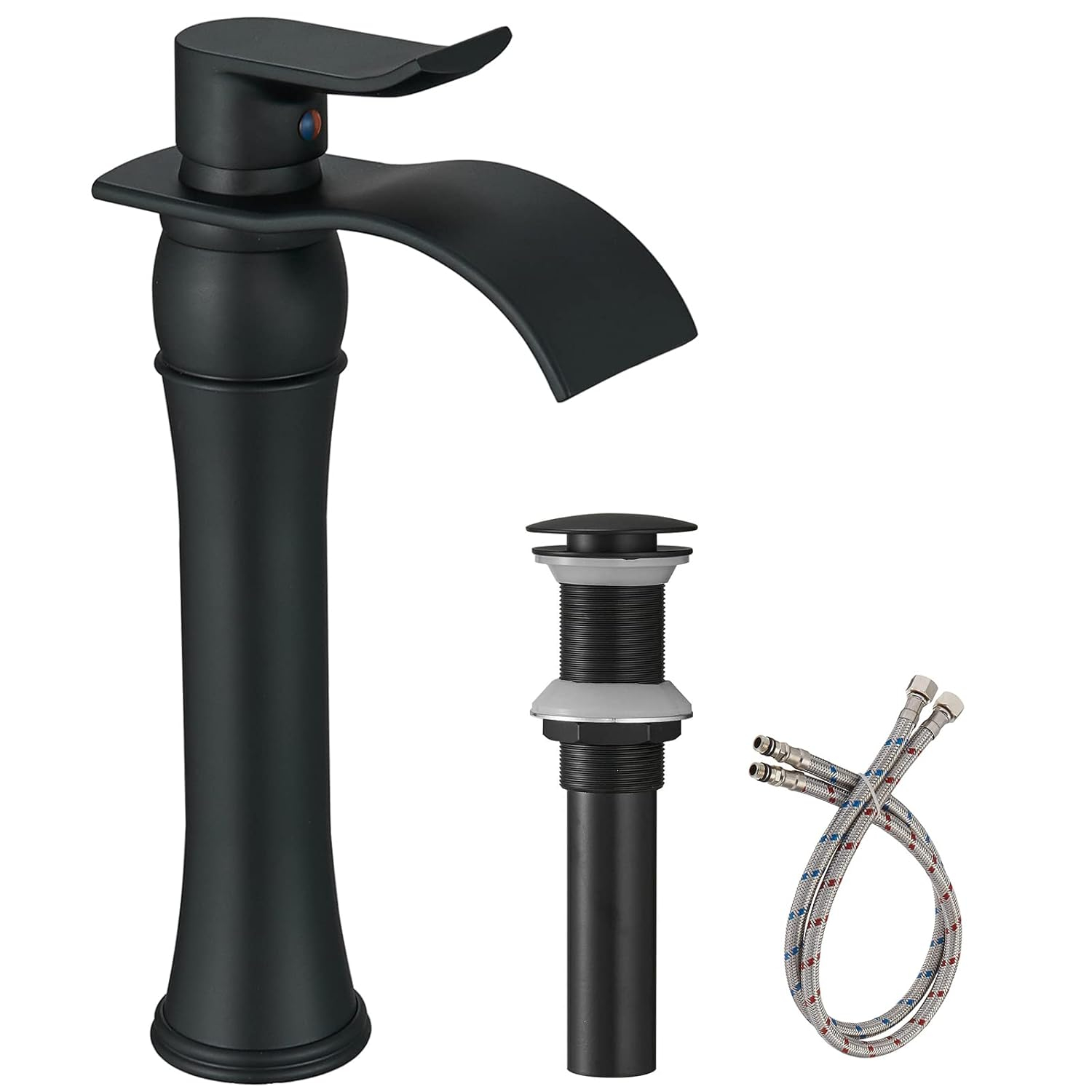 Homevacious Bathroom Vessel Sink Faucet Waterfall,Matte Black Bathroom Faucet Single Handle,Single Hole Bowl Vanity Sink Faucet,with Pop Up Drain and Supply Lines,Commercial Lavatory Mixer Tap