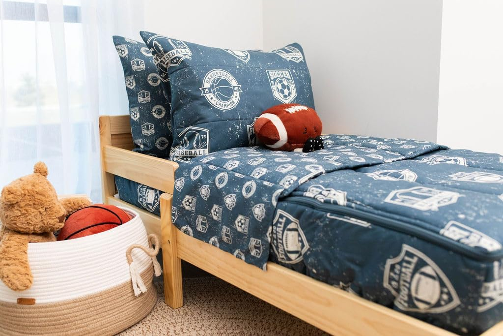 Beddy's Sports Theme Boys Durable Zipper Bedding for Kids, Bed in a Bag, Blue Sheets with Baseball, Football, Basketball, Soccer Comforter, Pillowcase & Pillow Sham, Easy to Make & Wash