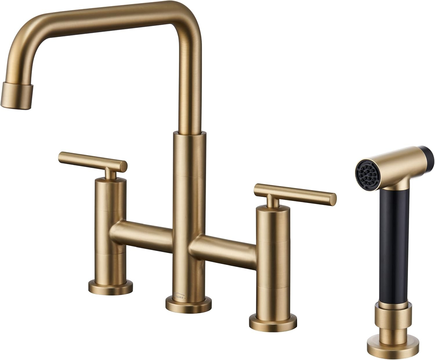 Double Handle Bridge Kitchen Faucet in Brushed Gold, with Put Out Side Sprayer