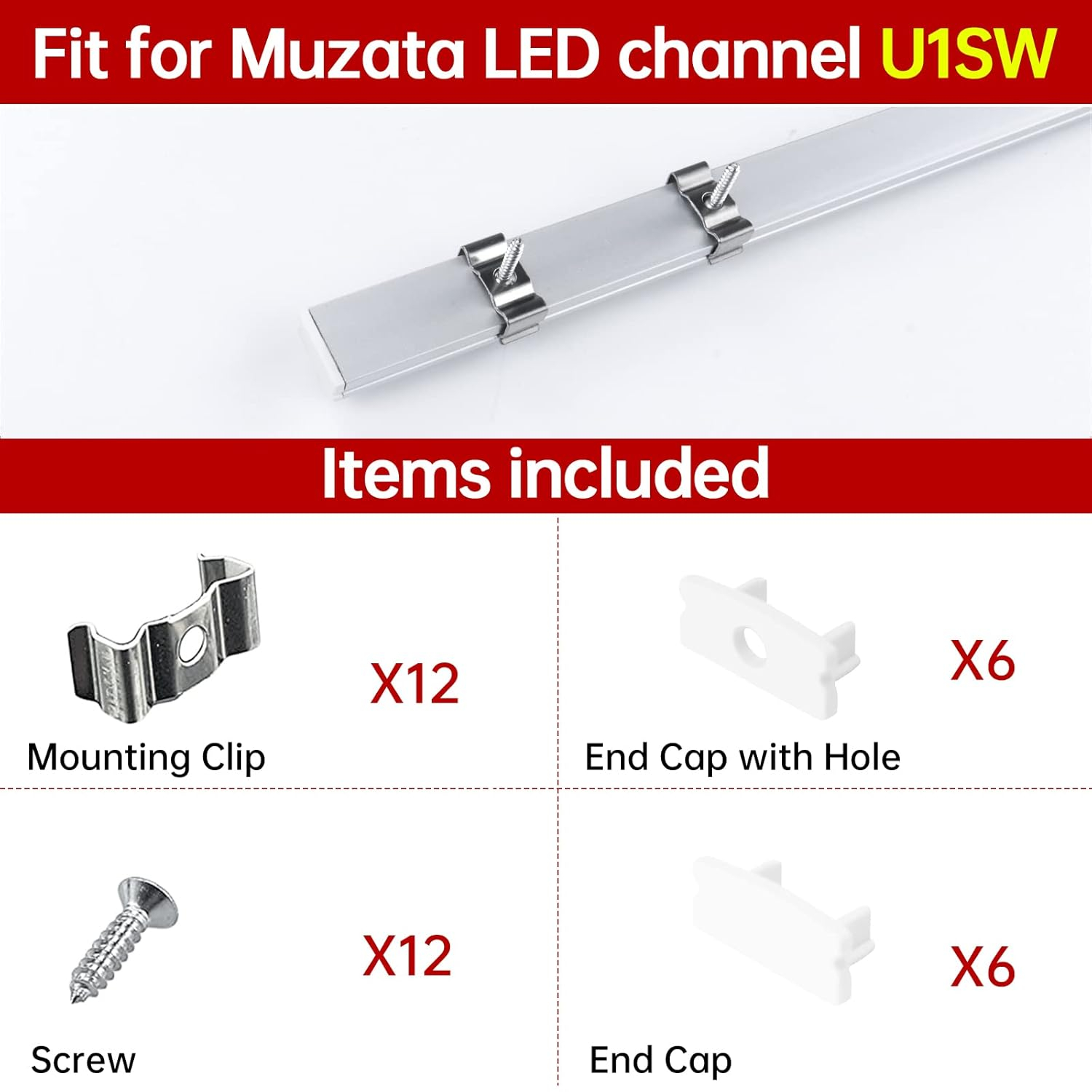 Muzata LED Channel Install Accessories Including 12Pack Stainless Steel Mounting Clips and 6Pack Grey End Caps fit Muzata U1SW U Shape Aluminum LED Strip Light Channel LCU1 WW
