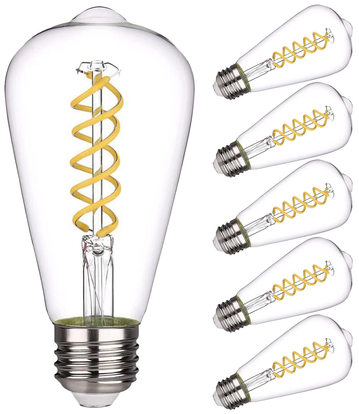 6 Pack ST19 ST58 Edison Bulb, Vintage LED Filament Bulb,Softy White 2700K, Antique Flexible Spiral LED Filament Light Bulb, Dimmable 600LM, 6W Equivalent to 60W, E26 Base,Clear Glass