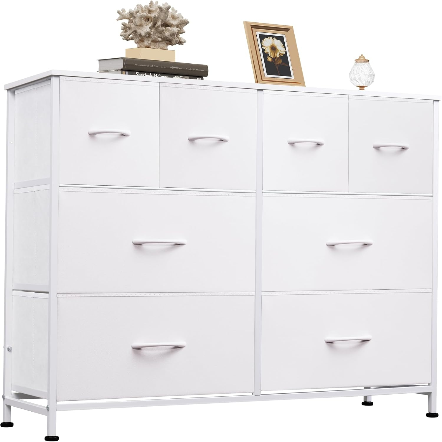 White Steel and Fabric 8-Drawer Bedroom Dresser