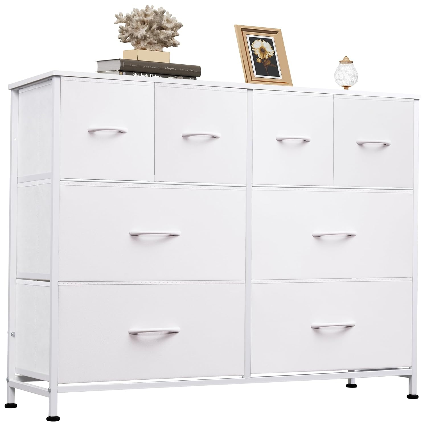 White Steel and Fabric 8-Drawer Bedroom Dresser