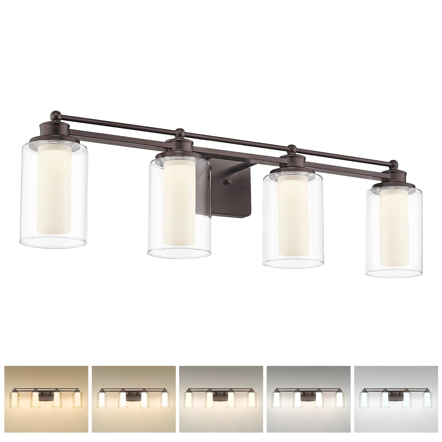 Bathroom Light Fixtures 4 Lights, HWH Oil Rubbed Bronze Bathroom Vanity Light Over Mirror with Clear Glass, 5CCT Dimmable 24W LED Vanity Lights, 5HLT63B-4W-LED ORB