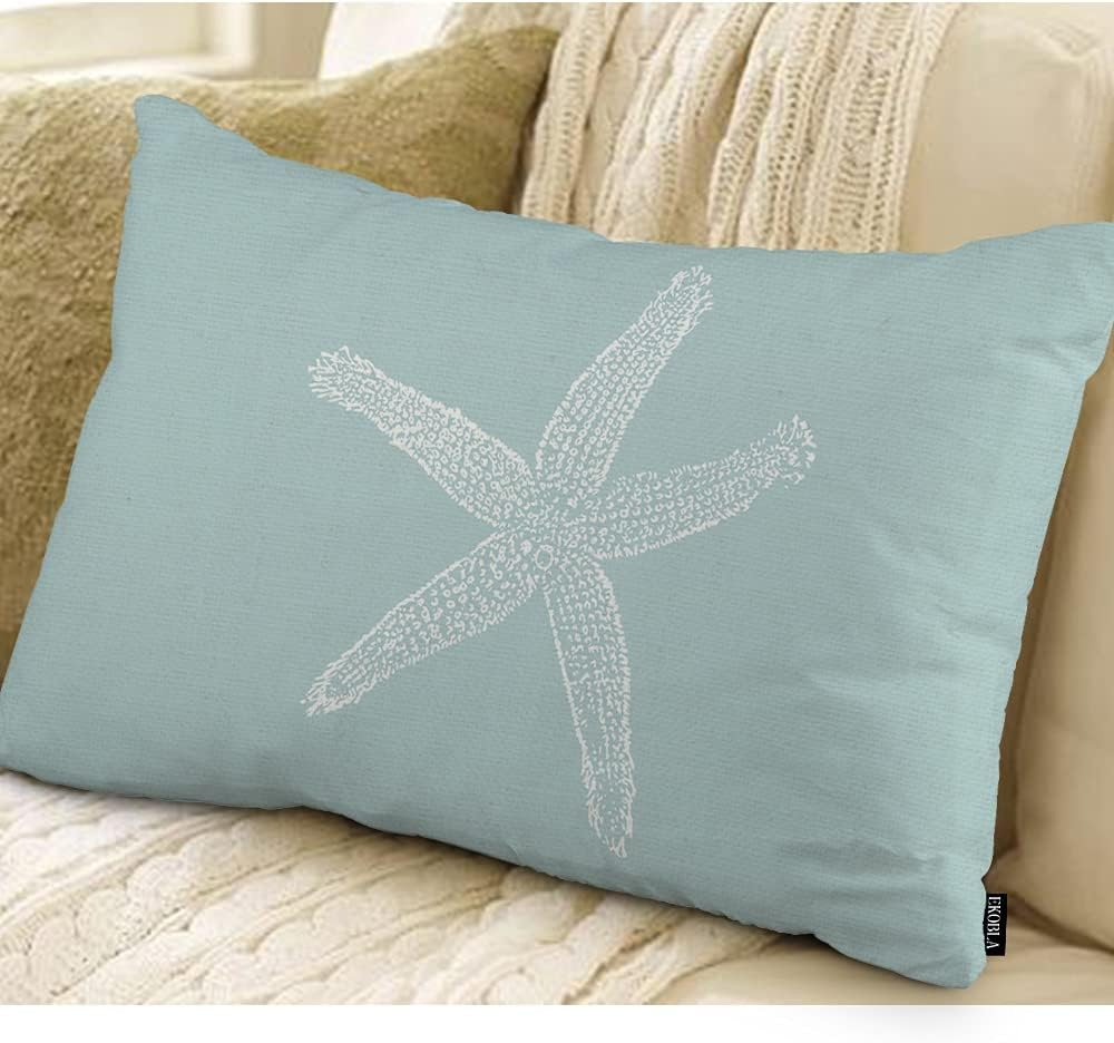EKOBLA Green Starfish Sea Star Vintage Pastel Sea Foam Blue Fish Decorative Pillow Case Throw Pillow Covers Waist Lumbar Cotton Linen Throw Pillow Cases Cushion Cover Rectangular 12x20 Inches