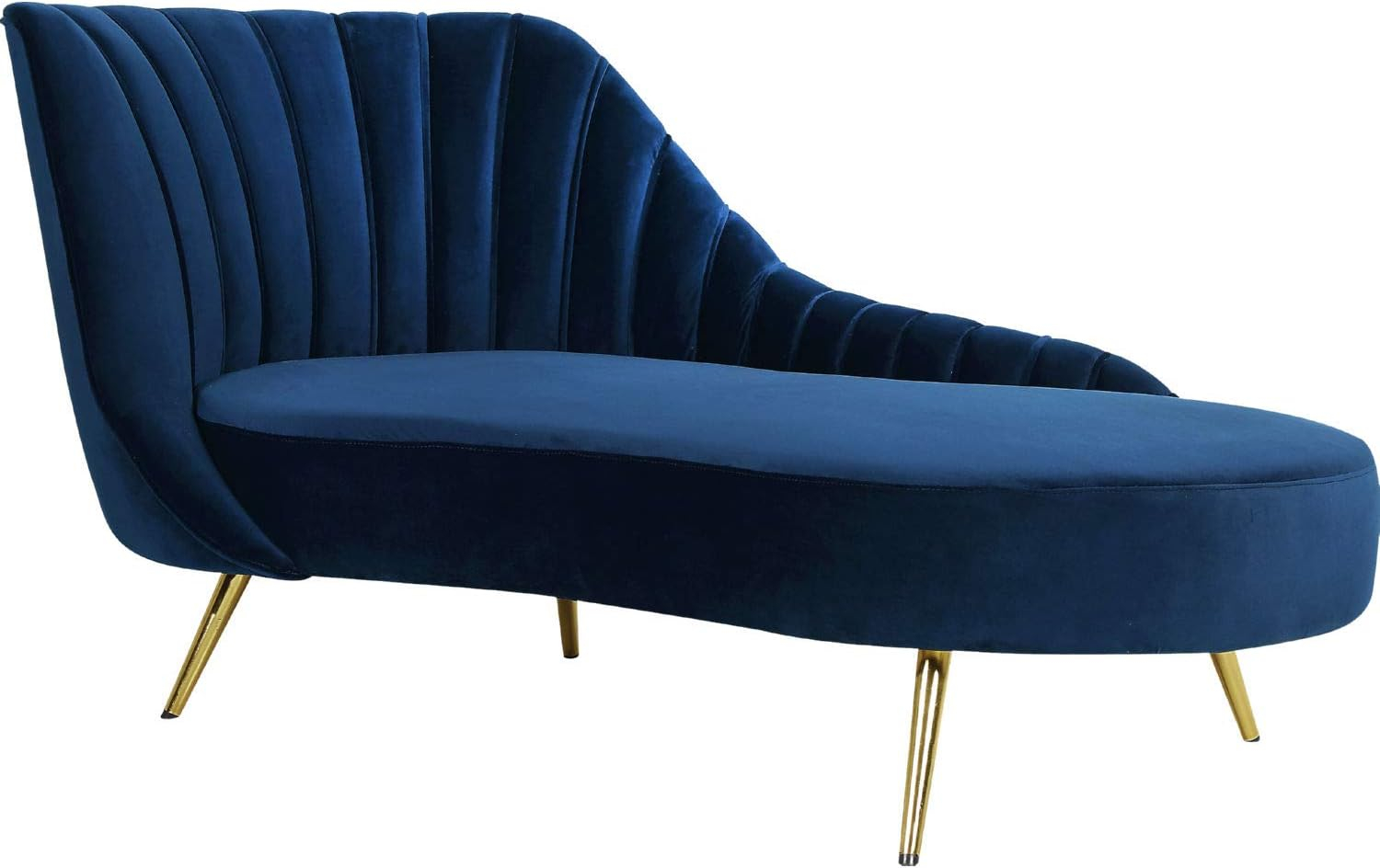 Meridian Furniture Margo Collection Modern | Contemporary Velvet Upholstered Chaise with Deep Channel Tufting and Rich Gold Stainless Steel Legs, Navy, 74" W x 37.5" D x 35" H