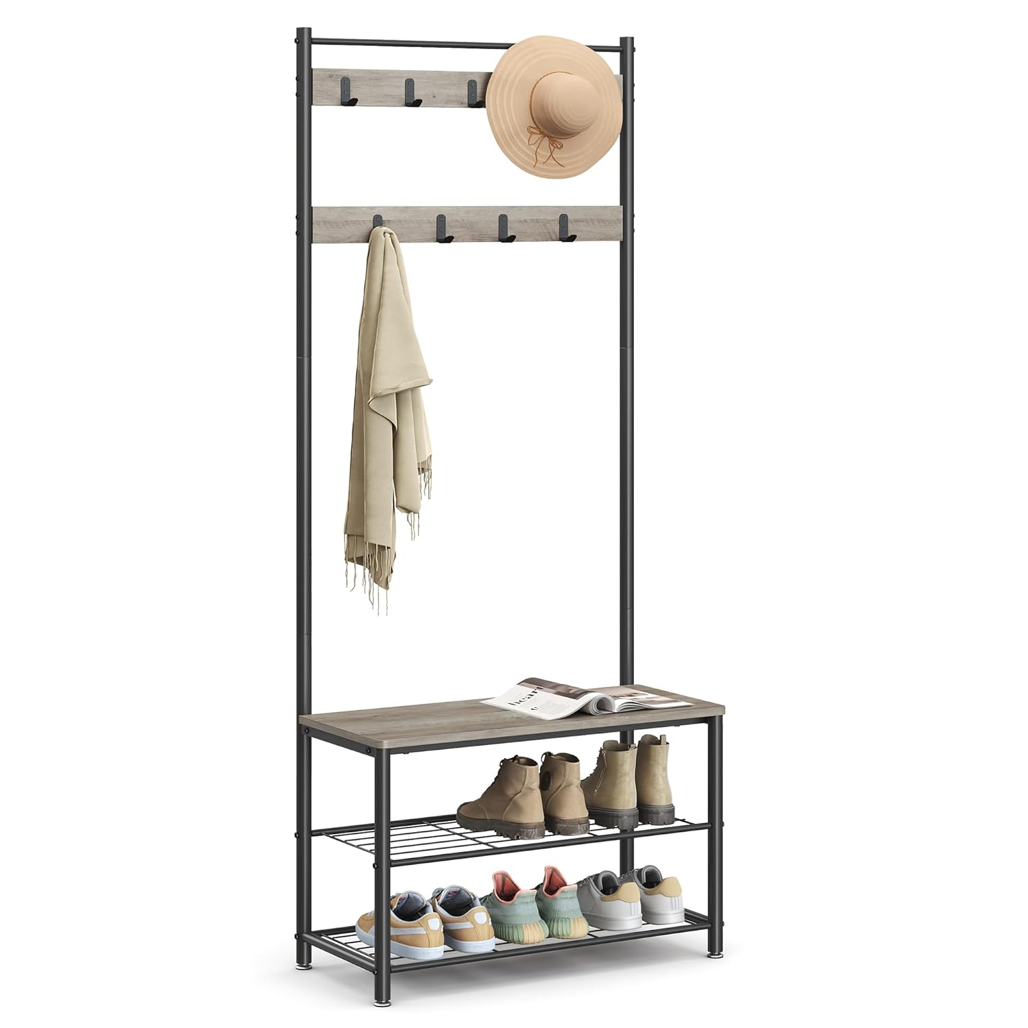 Coat Rack Hall Tree with Shoe Storage Bench Entryway Bench with Shoe Storage for Entryway Greige and Black