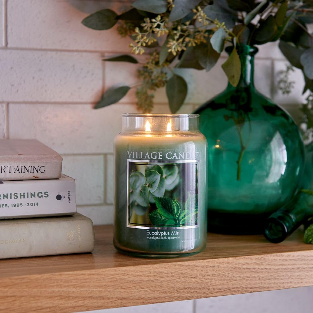 Village Candle Eucalyptus Mint, Large Glass Apothecary Jar Scented Candle, 21.25 oz, Green