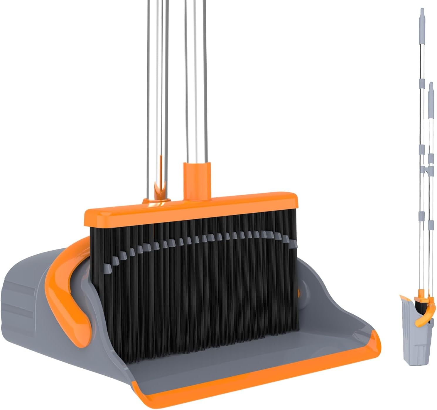Broom and Dustpan Set for Home, Broom and Dustpan Combo for Office, Long Handle Broom with Upright Standing Dust pan,Indoor&Outdoor Sweeping (Gray&Orange)