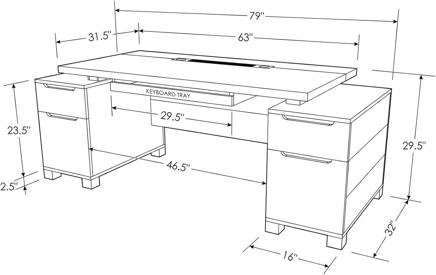 Zuri Furniture 79" Modern Ford Executive Desk with Filing Cabinets - White