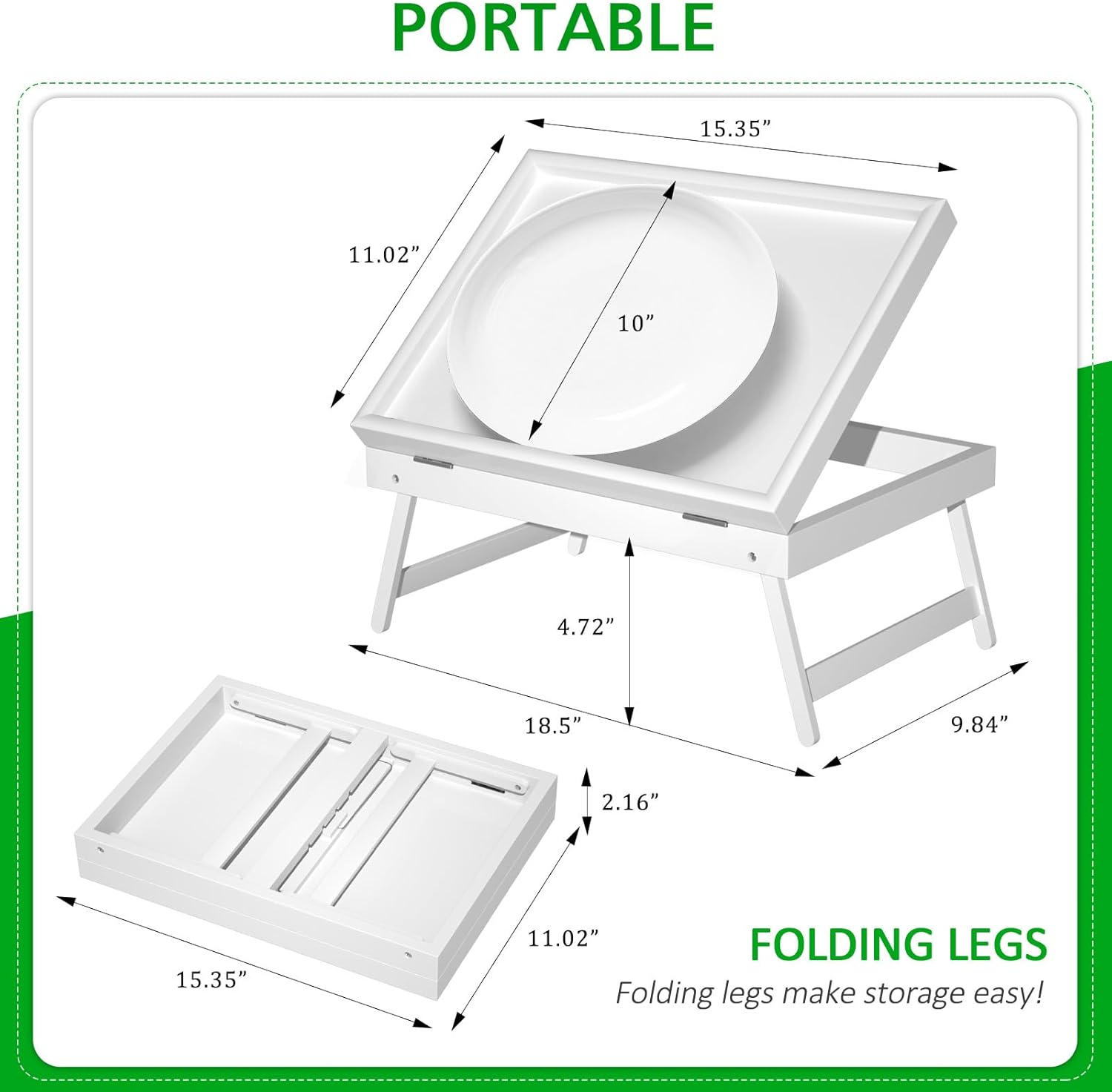 Bed Tray Table Breakfast Food Tray with Folding Legs Serving Tray for Computer Laptop Desk Bed Platters TV Snack Tray by Artmeer (White, Medium)
