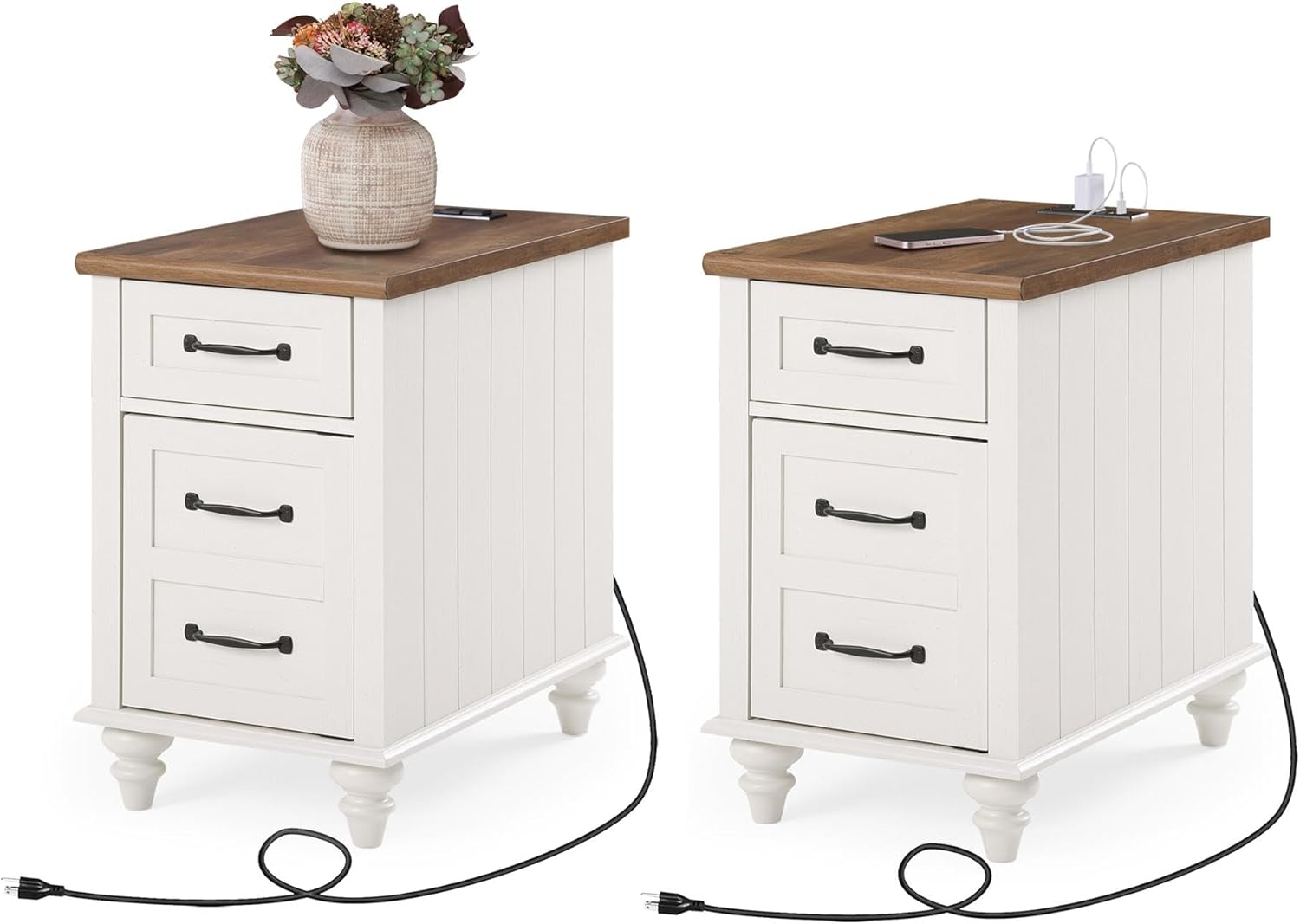 WAMPAT 2 Pack End Tables with Charging Station, Farmhouse Side Table with Drawer & Storage Cabinet, White Nightstand with Power Outlets & USB Ports for Living Room, Bedroom