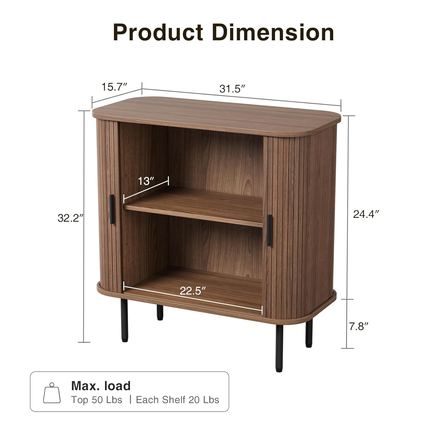 31''W Walnut Buffet Sideboard Cabinet with Storage, Fluted Accent Storage Cabinet with Curvy Edge, Sliding Door, Freestanding Credenza, Console Table for Living Room, Kitchen, Hallway