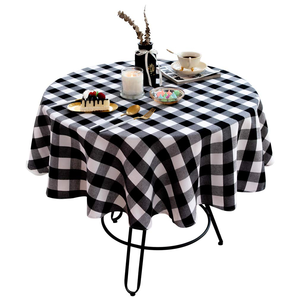Buffalo Plaid Round Tablecloth Checkered Cotton Linen Table Cover for Kitchen Dining Room Home Decor ( Round - 48 Inch, White & Black )