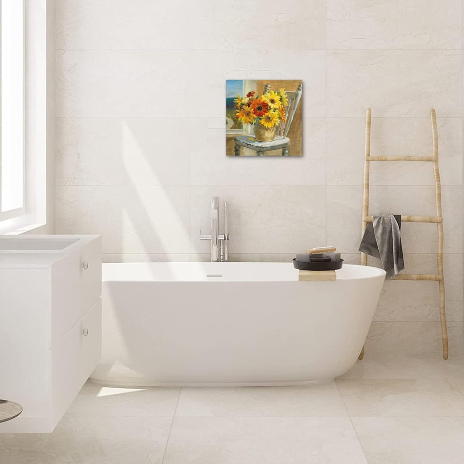 Bathroom Decor Canvas Country Farmhouse Wall Decor Sunflower Theme Painting Vintage Picture Artwork Wood Framed Wall Art Easy to Hang Size 14 x14 in