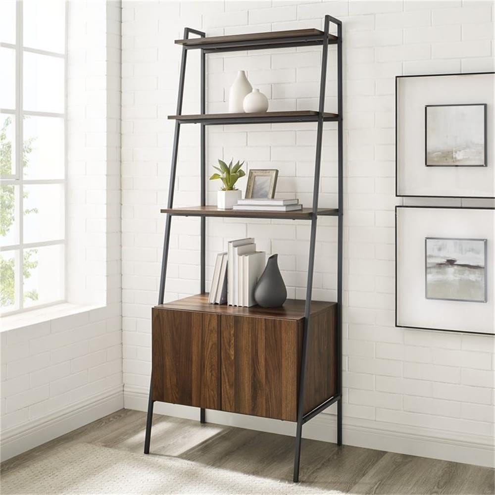 Dark Walnut 72" Ladder Shelf with Cabinet and Doors