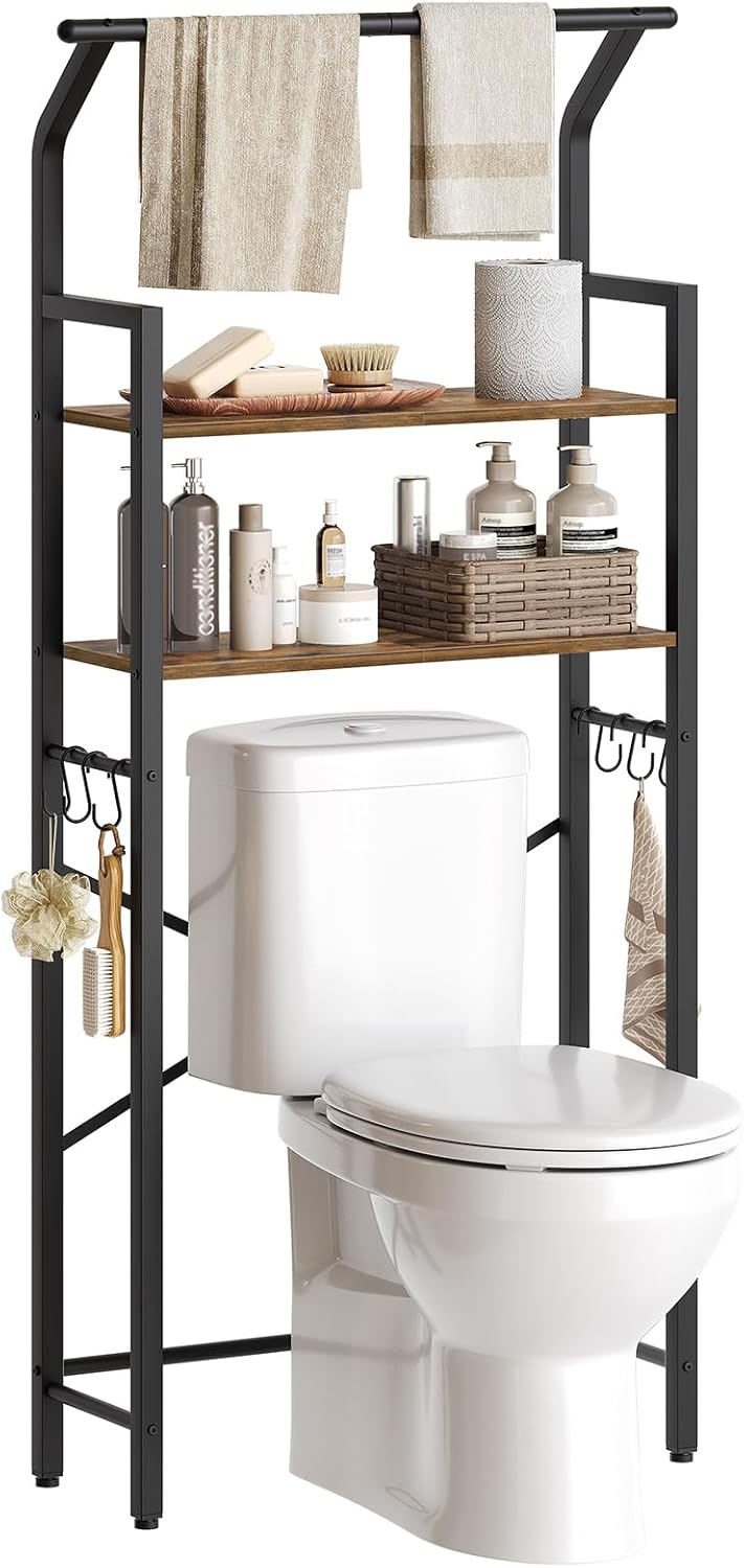 Over The Toilet Storage, 2-Tier Bathroom Organizer Shelves with Hooks, Multifunctional Vertical The Toilet Shelf Storage Rack for Bathroom, Rustic Brown and Black TR01BR