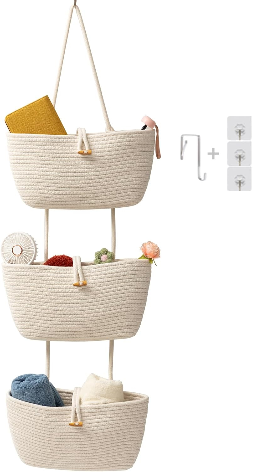 TeoKJ Over the Door Hanging Baskets with Button Strap, 3-Tier Woven Cotton Storage Organizer Bag, Wall-Mounted with Hook Decorative Hanging Kitchen Baskets - White