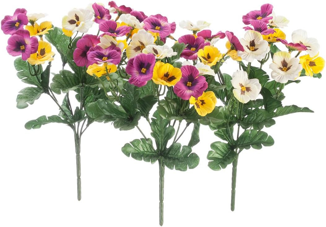 Oakridge Pansy Bushes, Set of 3 – Artificial Indoor/Outdoor Home and Garden Décor – 11” x 5” x 5” Each