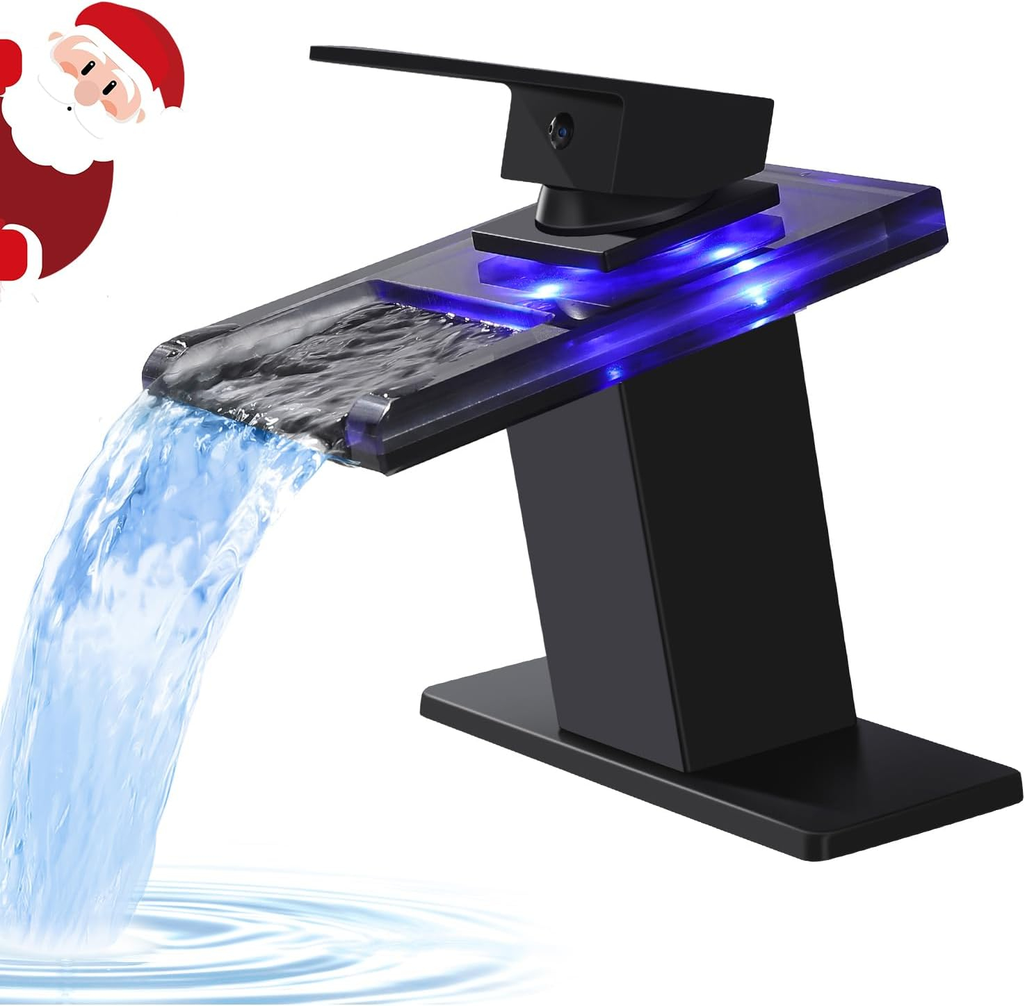LED Bathroom Sink Faucet, Matte Black Waterfall Single Handle Vanity Faucets for Sinks 1 Hole with Metal Pop Up Drain and 2 Water Supply Lines, Open Glass Spout